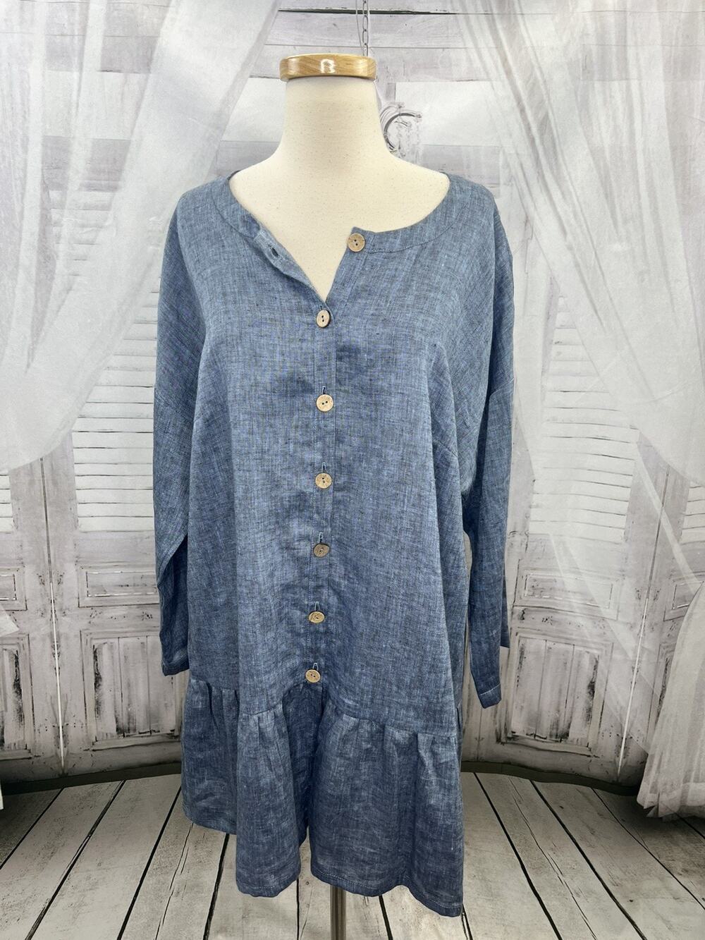 Linenbee 100% European Linen Shirt Extended Ruffle 'Leigh' Button Down Tunic